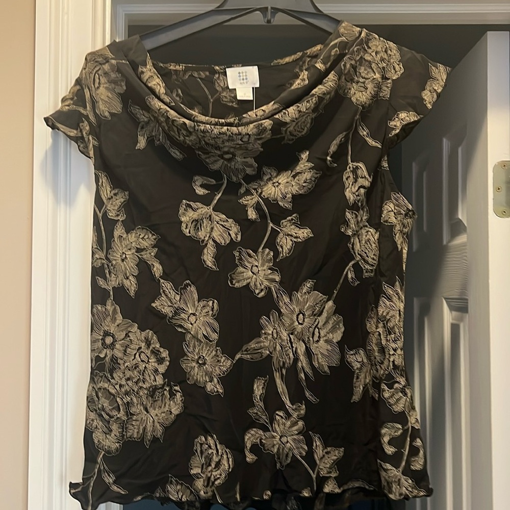 NWT, flutter sleeve black floral blouse